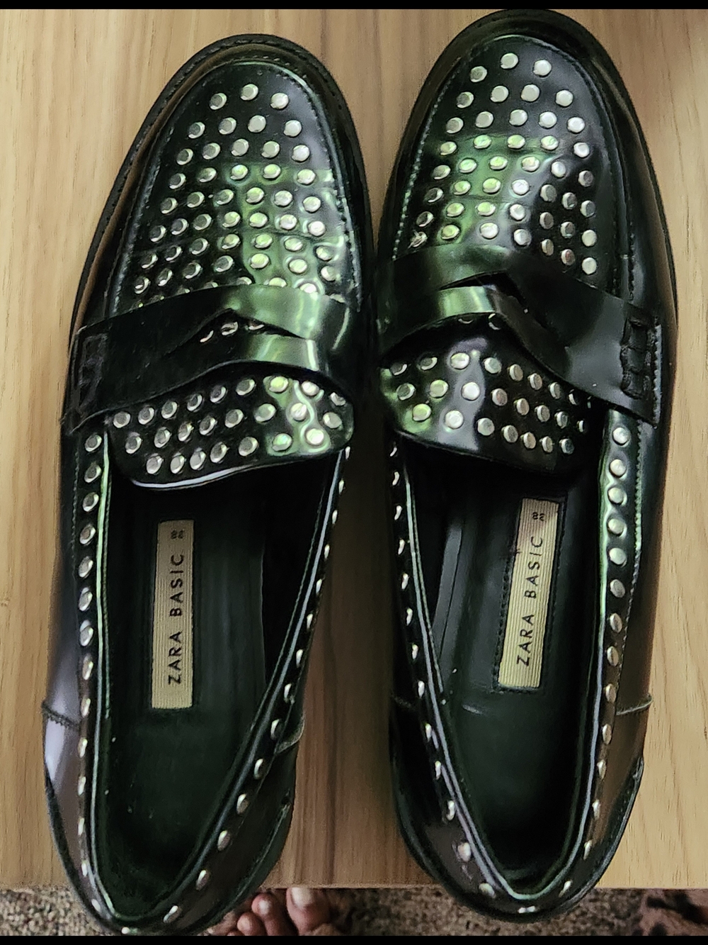 Zara Black Studded Leather Penny Loafers